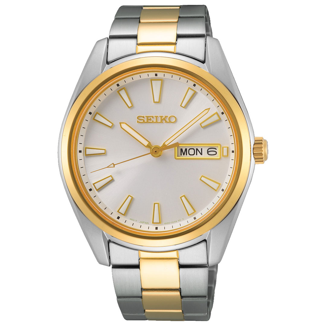 Seiko, Basic herreklokke med stållenke og gulldetaljer