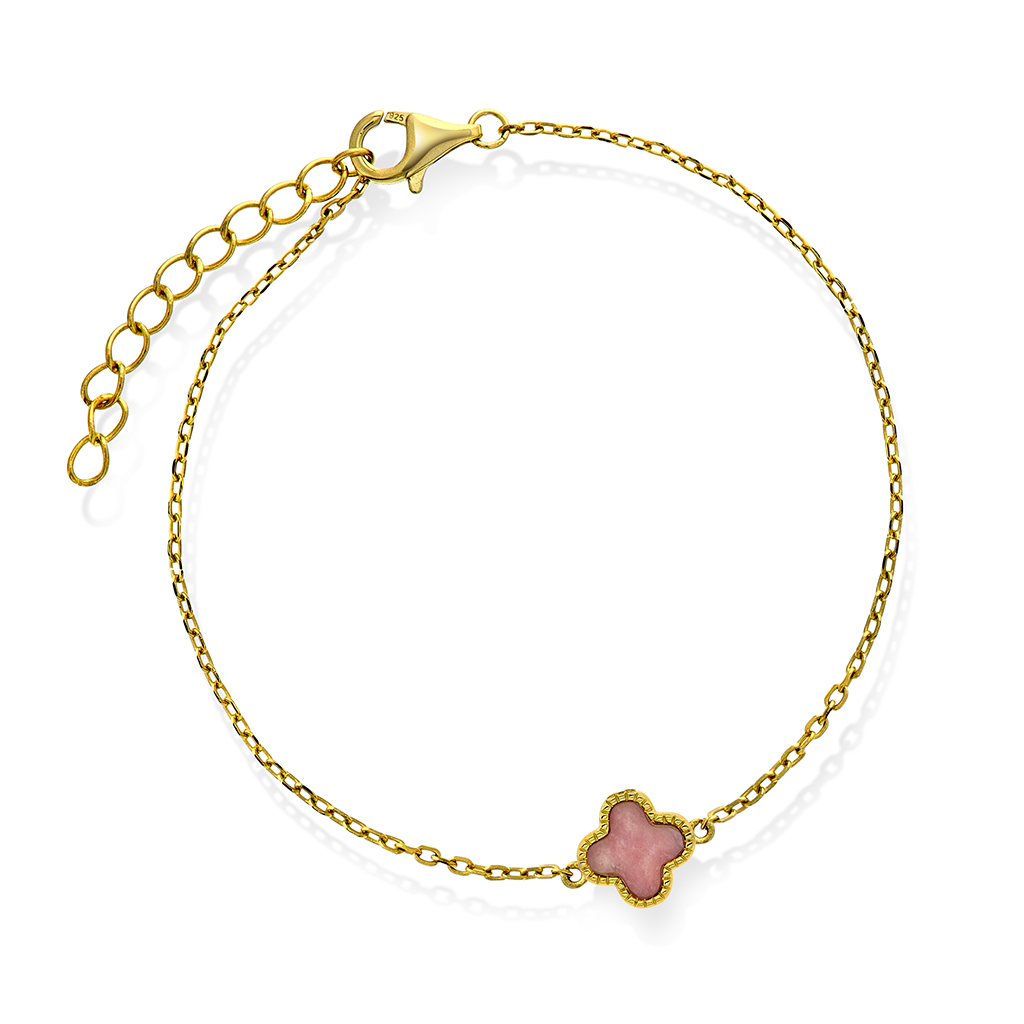 Pan Jewelry, Kløver armbånd i forgylt 925 sølv med rosa rhodokrositt