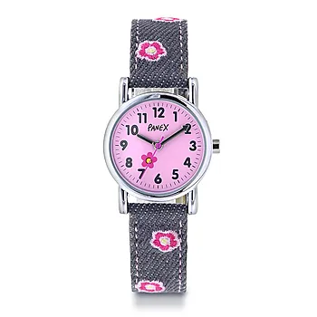 Barneklokke med grå rem med blomster