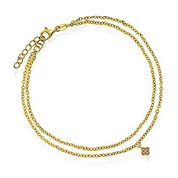 Pan Jewelry, Ankelkjede i forgylt 925 sølv med kløver og zirkonia, 25 cm