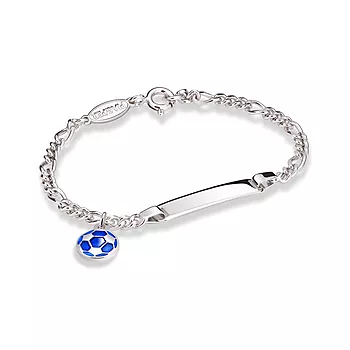 Pia&Per, Armbånd i 925 sølv med graveringsplate og fotball charms i blå og hvit emalje
