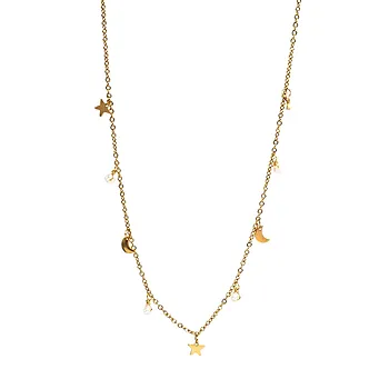 Smykke i forgylt stål med måne, stjerne og ferskvanssperler