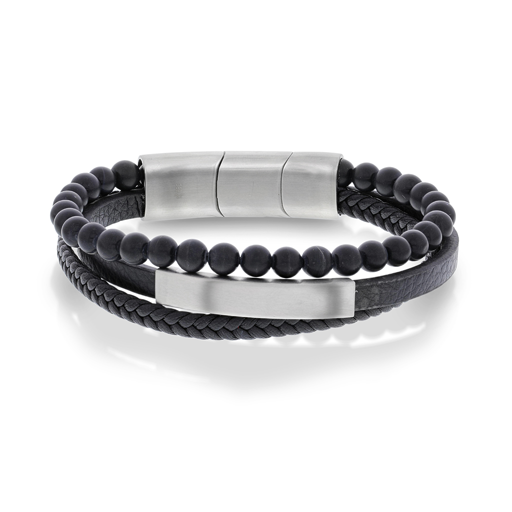Alexander, Armbånd i stål med sort skinn og onyx