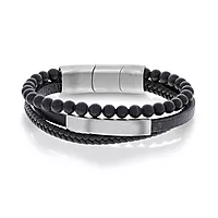 Alexander, Armbånd i stål med sort skinn og onyx
