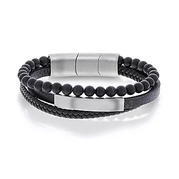 Alexander, Armbånd i stål med sort skinn og onyx