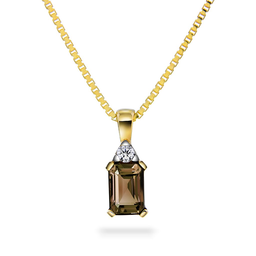 Michelle smykke i 585 gult gull med diamant 0,05 ct og røykkvarts