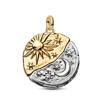 Charms i flerfarget sølv med sol og måne
