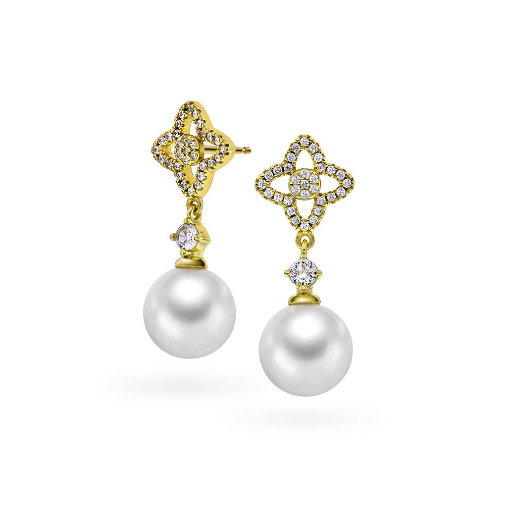Pan Jewelry, Øredobber i forgylt 925 sølv med perle og zirkonia