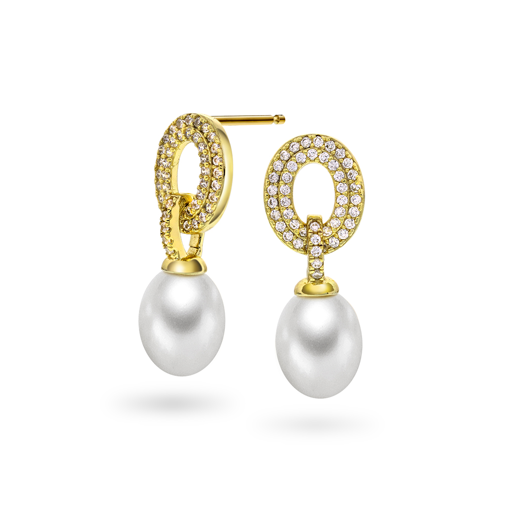 Pan Jewelry, Øredobber i 925 forgylt sølv med syntetisk perle og zirkonia