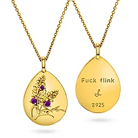 Amulett i 925 forgylt sølv med teksten "Fuck flink" og ametyst