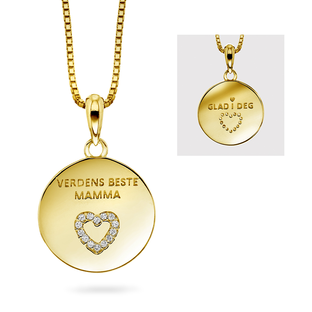 Pan Jewelry, Smykke i forgylt 925 sølv med zirkonia og teksten VERDENS BESTE MAMMA