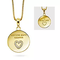 Pan Jewelry, Smykke i forgylt 925 sølv med zirkonia og teksten VERDENS BESTE MAMMA