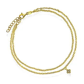 Pan Jewelry, Ankelkjede i forgylt 925 sølv med kløver og zirkonia, 25 cm