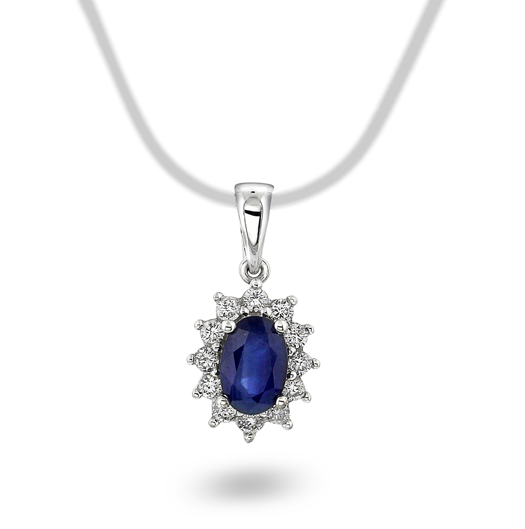 Pan Jewelry, Anheng i 585 hvitt gull med diamanter 0,16 ct og safir