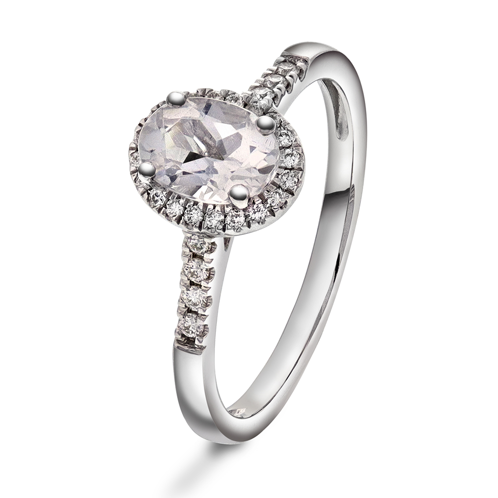 Edel diamantring i 585 hvitt gull 0,15 ct med hvit topas