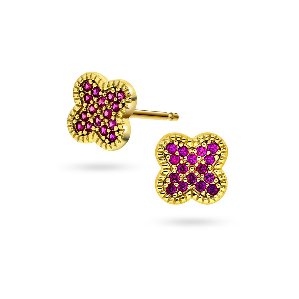 Pan Jewelry, Kløver øredobber i forgylt 925 sølv med rosa zirkonia