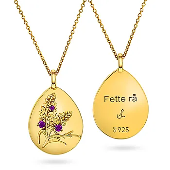 Amulett i 925 forgylt sølv med teksten "Fette rå" og ametyst