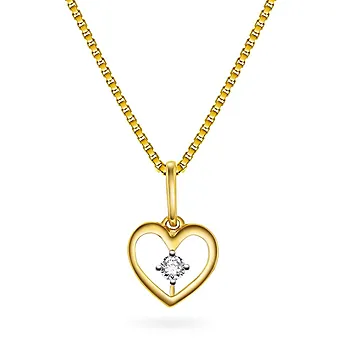 Smykke i 585 gult gull med hjerte og diamant 0,03 ct