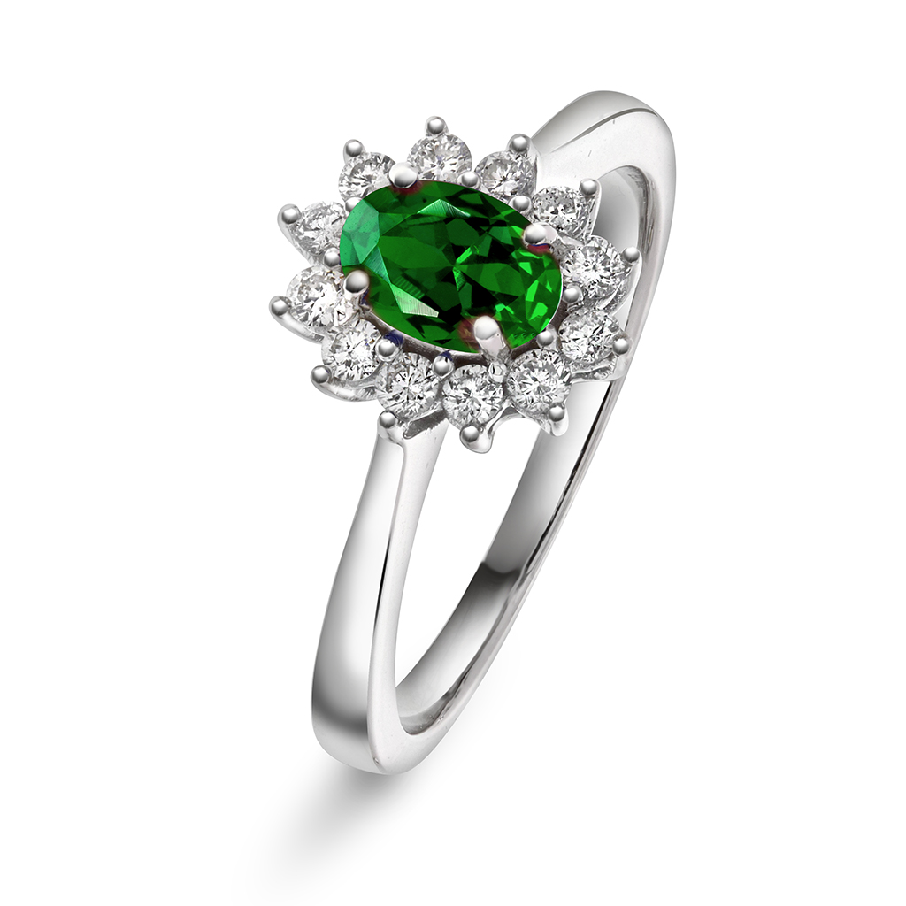 Gold Collection, Ring i 585 hvitt gull med diamanter 0,24 ct og smaragd