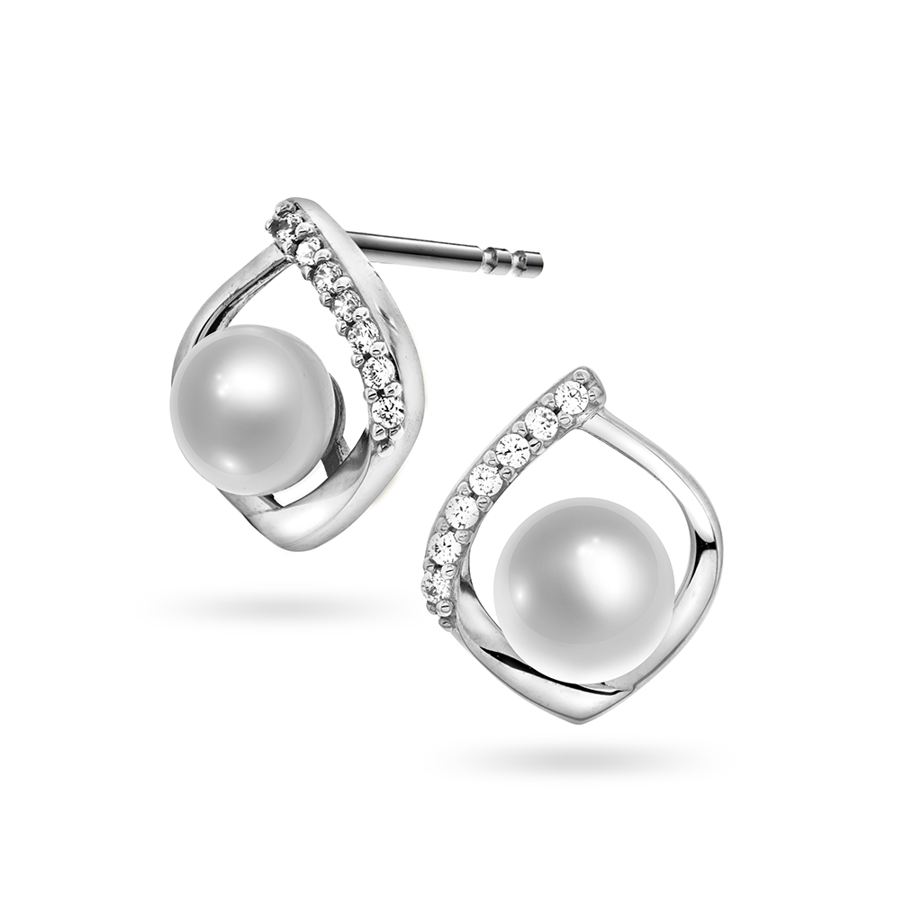 Pan Jewelry, Øredobber i 585 hvitt gull med ferskvannsperle og zirkonia med dråpeform