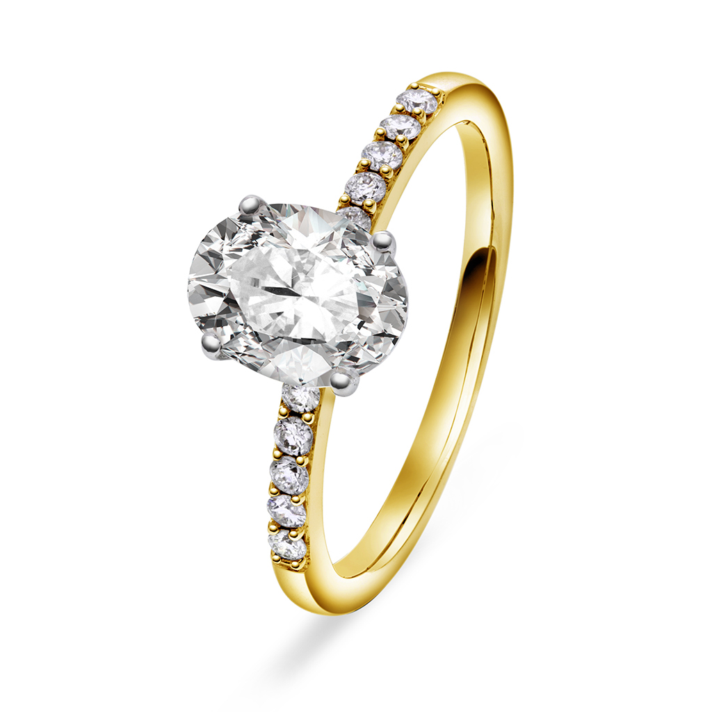 Julie diamantring i 375 gult gull med diamanter 0,12 ct og moissanite sten