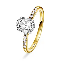 Julie diamantring i 375 gult gull med diamanter 0,12 ct og moissanite sten