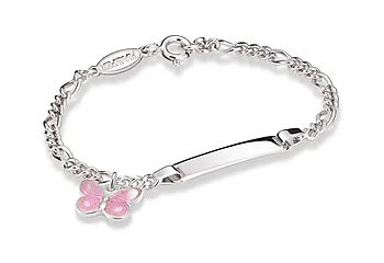 Armbånd til barn i 925 sølv med rosa sommerfugl og graveringsplate