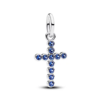 Charms i 925 sølv med kors og blå krystaller