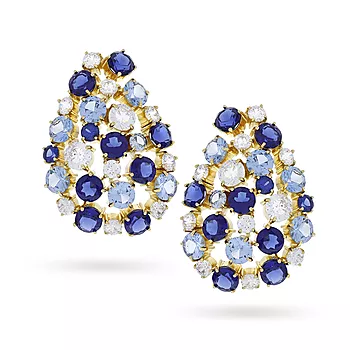Janne Formoe by Pan Jewelry, Store øredobber i 925 forgylt sølv med blå og hvit zirkonia