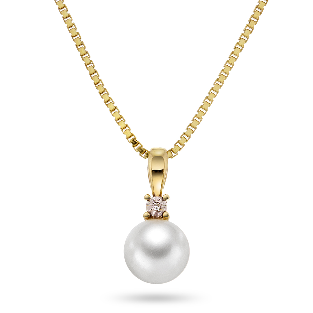 Smykke i 585 gult gull med ferskvannsperle og diamant 0,005 ct