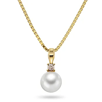 Smykke i 585 gult gull med ferskvannsperle og diamant 0,005 ct
