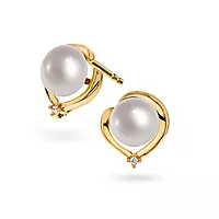 Pan Jewelry, Øredobber i 585 gult gull med ferskvannsperle og zirkonia