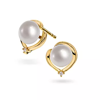 Pan Jewelry, Øredobber i 585 gult gull med ferskvannsperle og zirkonia