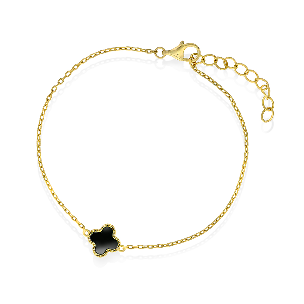 Pan Jewelry, Kløver armbånd i forgylt 925 sølv med syntetisk sort agat