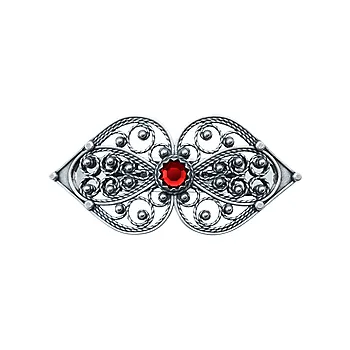 Hårspenne i 830 oksidert sølv med rød sten