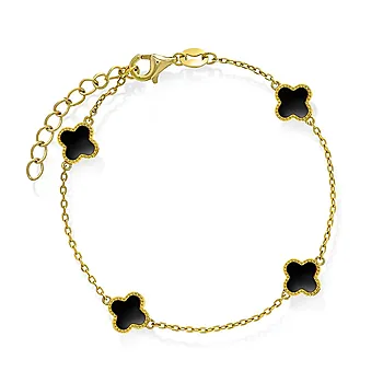 Kløver armbånd i 925 forgylt sølv med syntetisk sort agat