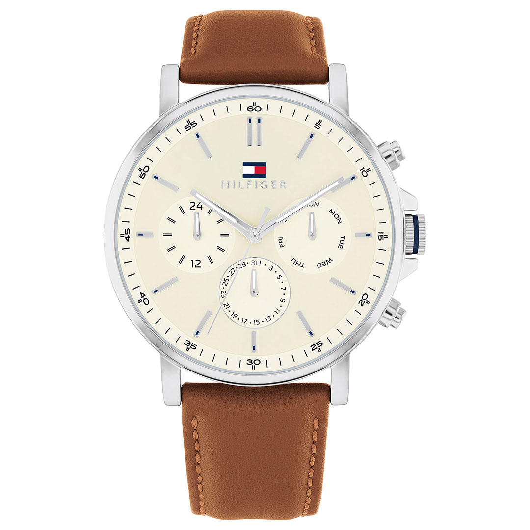 Tommy Hilfiger, Herreklokke i stål med brun skinnrem