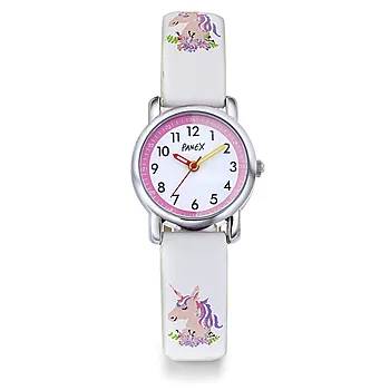 Barneklokke med hvit rem og enhjørning