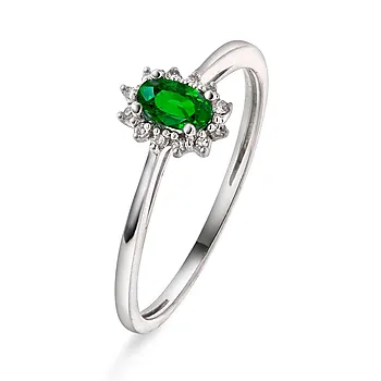 Diamantring i 585 hvitt gull 0,04 ct med smaragd