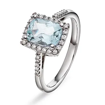 Jacqueline diamantring i 375 hvitt gull med diamanter 0,20 ct og akvamarin