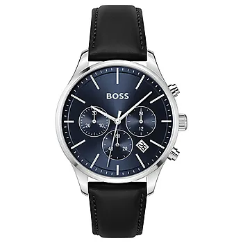 Hugo Boss, Herreklokke i stål med sort skinnrem og kronograf