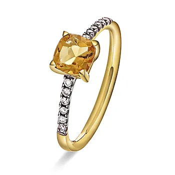 Aurora diamantring i 585 gult gull med diamanter 0,10 ct og citrin