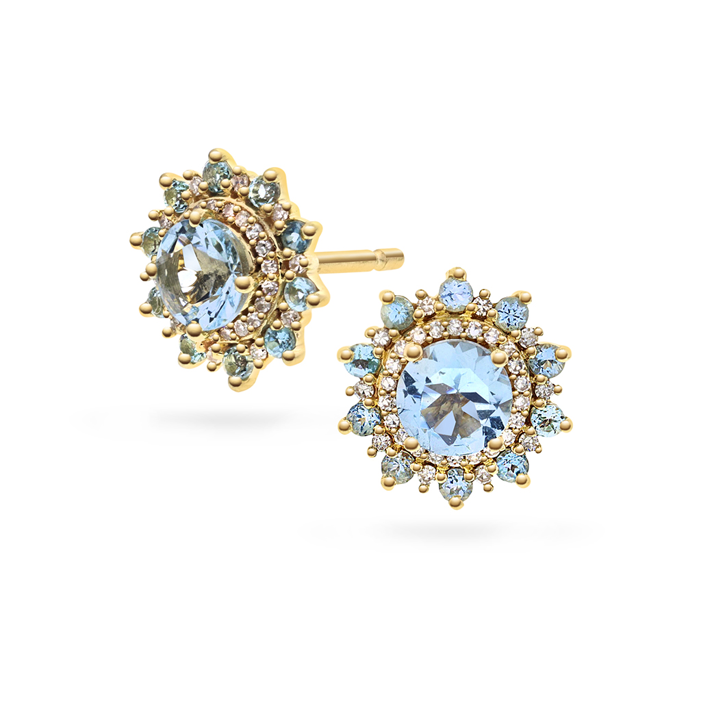 Pan Jewelry, Øredobber i 585 gult gull med diamanter 0,08 ct og akvamarin stener