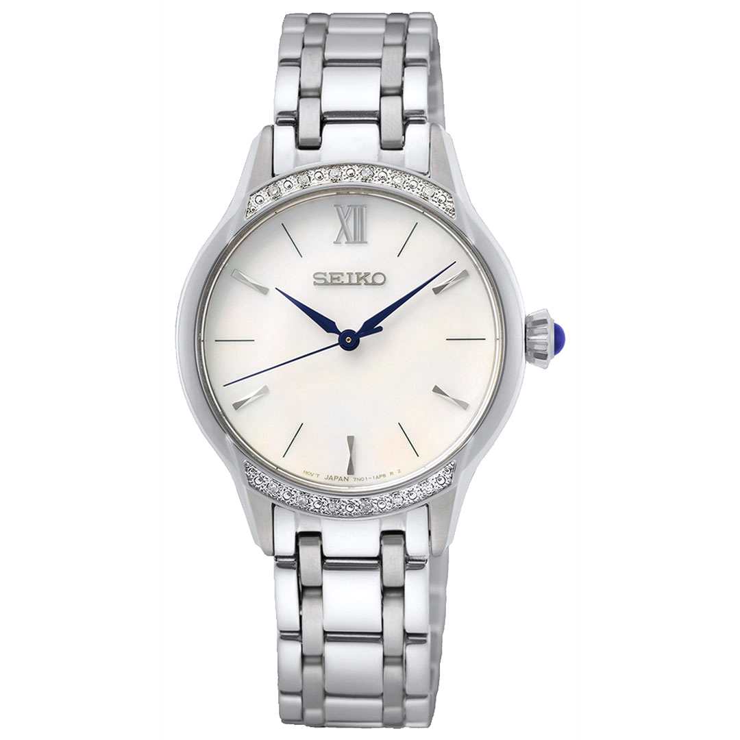 Seiko, Basic dameklokke i stål med diamanter og perlemorskive