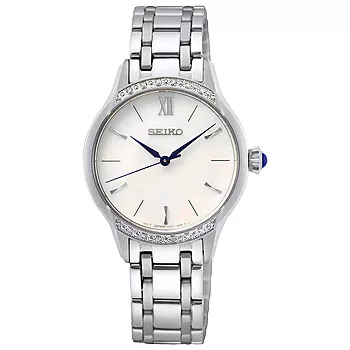 Seiko, Basic dameklokke i stål med diamanter og perlemorskive