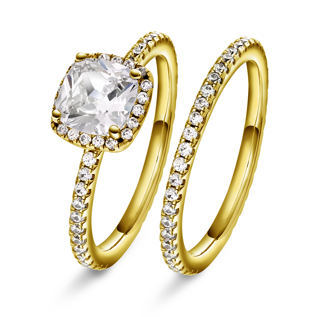 Pan Jewelry, 2-i-1 ring i forgylt 925 sølv med zirkonia og cushion