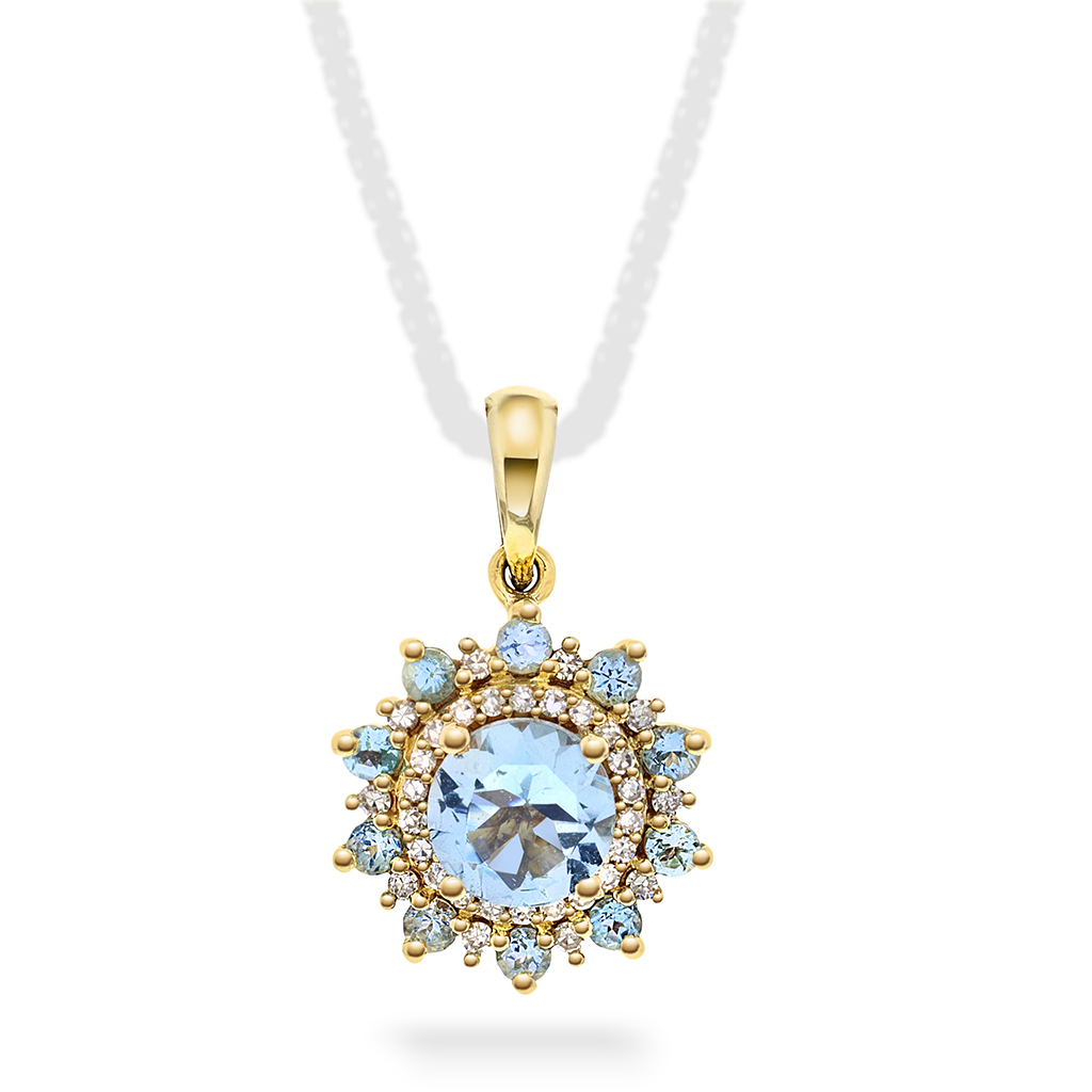 Pan Jewelry, Anheng i 585 gult gull med diamanter 0,07 ct og akvamarin stener