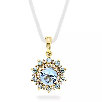 Pan Jewelry, Anheng i 585 gult gull med diamanter 0,07 ct og akvamarin stener