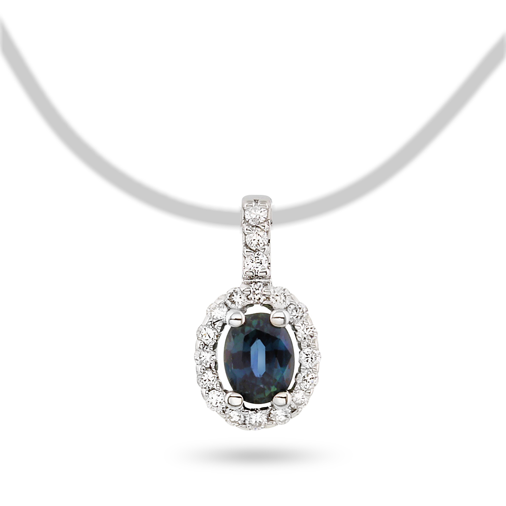 Pan Jewelry, Anheng i 585 hvitt gull med diamanter 0,06 ct og safir