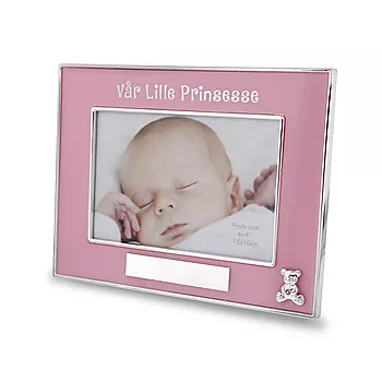 Prins & Prinsesse, Fotoramme rosa med tekst 'vår lille prinsesse' med bamse og rosa zirkonia